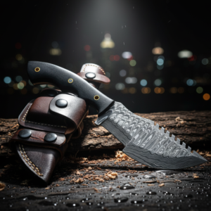 Compact Damascus Hunting Knife - Heavy Duty Blade with Micarta Handle & Horizontal Leather Sheath | Vicky Enterprises