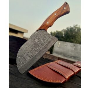 Hand Forged Damascus Steel Cleaver Knife with Wooden Handle | Full Tang Butcher Chopper for Kitchen, BBQ, and Camping | Premium Leather Sheath Included
