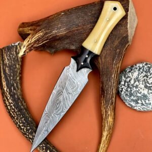 Handmade Damascus Steel Dagger Knife with Bone Handle and Dark Bolster | Custom Boot Knife for Collection and Display | Hunting and EDC Fixed Blade