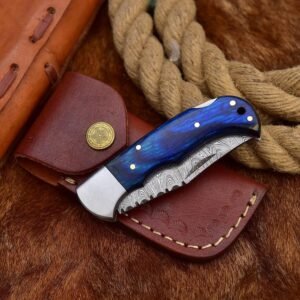 VKY KNIVES Hand-Forged Damascus Folding Pocket Knife with Blue Resin / Wood Handle & Leather Sheath - EDC