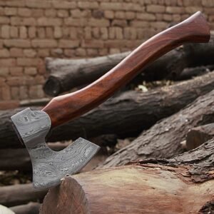 Premium Hand Forged Damascus Steel Axe with Rosewood Handle | Collector's Viking Hatchet for Camping, Bushcraft, and Chopping | Handmade Gift