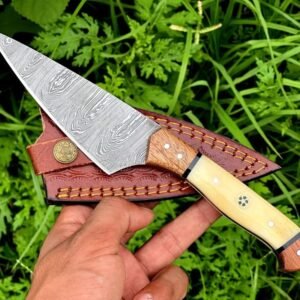 VKY KNIVES Hand-Forged Damascus Fixed Blade Knife with Bone & Wood Handle & Leather Sheath - Bushcraft / EDC