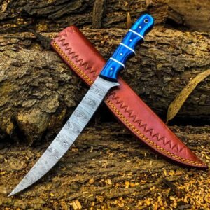 VKY KNIVES Hand-Forged Damascus Fixed Blade Knife with Blue Resin Handle & Leather Sheath - Hunting/Fillet